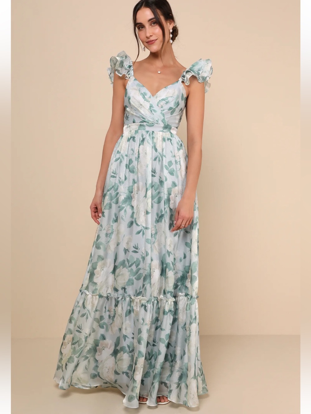 LULUS Soiree Perfection Light Blue Floral Ruffled Tiered Maxi Dress Size Small
